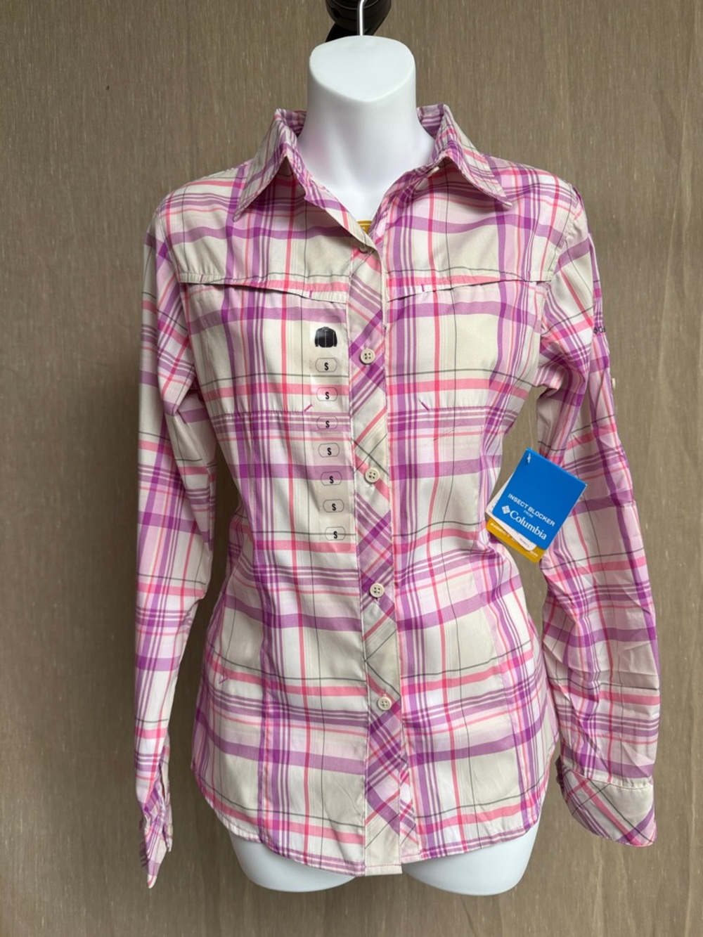 Columbia Pink and Cream Plaid Button-Down Shirt